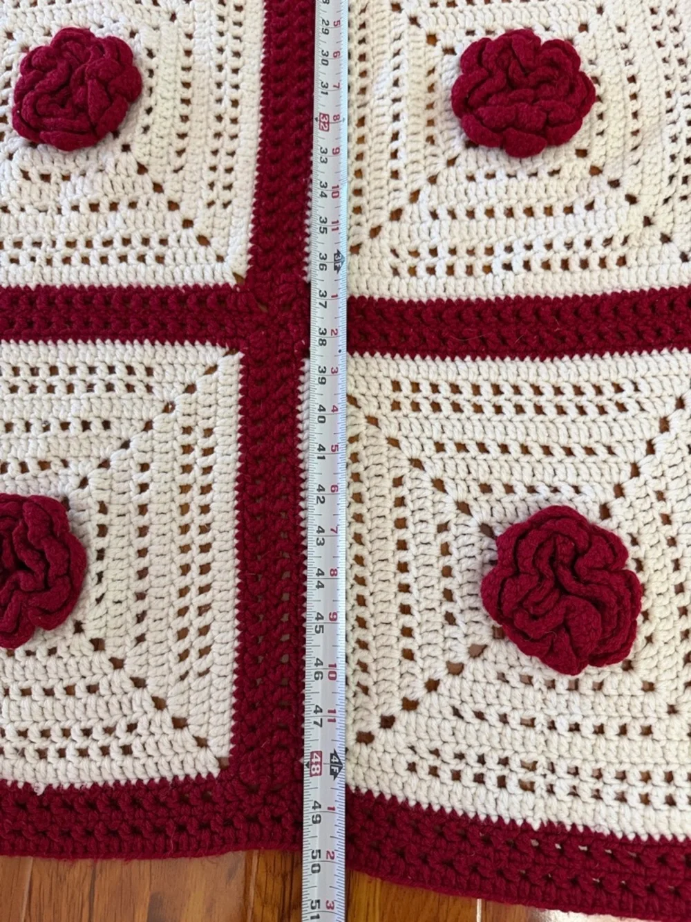 Handmade Crochet Floral Square Throw - Cream & Burgundy